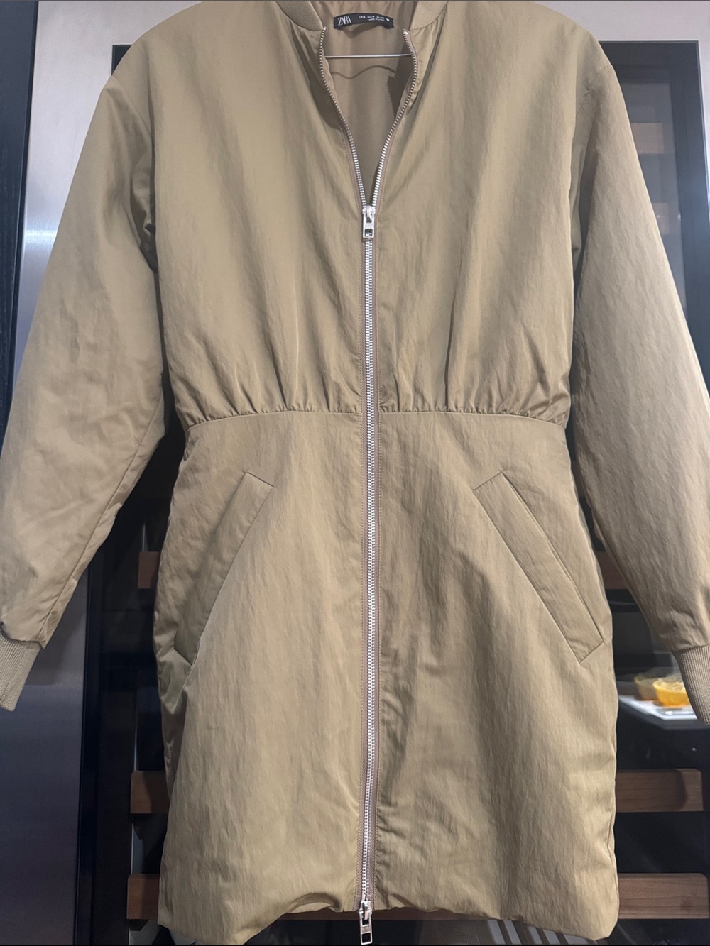 Zara Khaki Zip Front Coat Dress bomber Jacket Size M - Picture 5 of 6